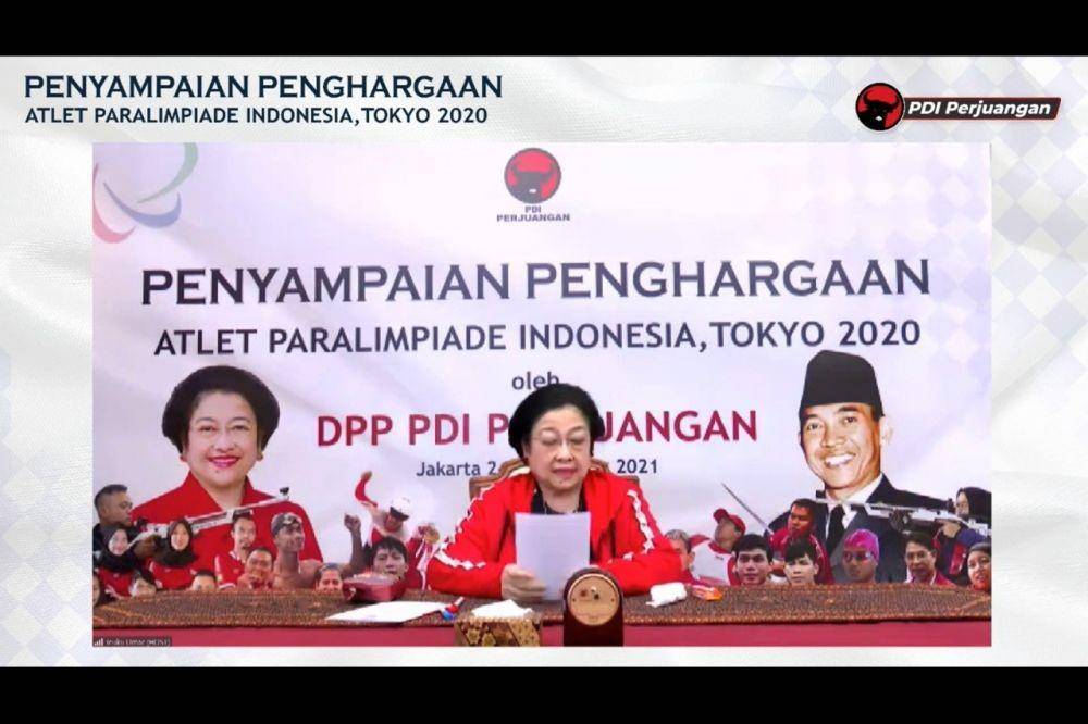Ketua Umum PDIP Megawati Soekarnoputri menghadiri acara PDIP "Penyampaian Penghargaan bagi Atlet Paralimpiade Indonesia, Tokyo 2020" pada Jumat (24/9/2021). (youtube.com/PDI Perjuangan)