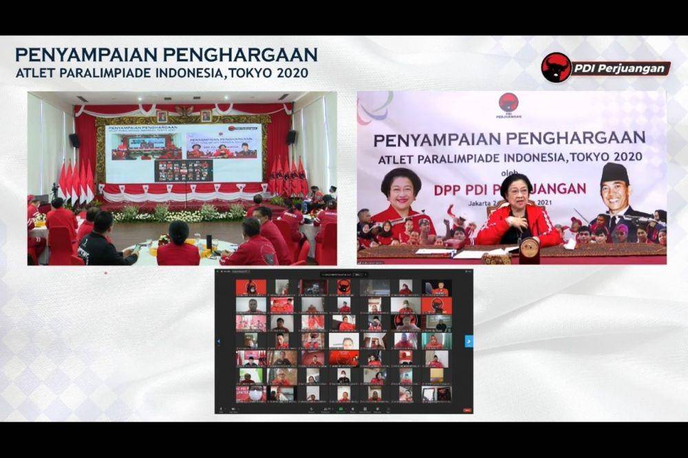 Ketua Umum PDIP Megawati Soekarnoputri menghadiri acara PDIP "Penyampaian Penghargaan bagi Atlet Paralimpiade Indonesia, Tokyo 2020" pada Jumat (24/9/2021). (youtube.com/PDI Perjuangan)