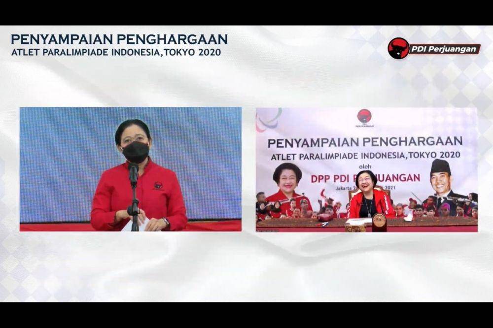 Ketua DPR RI Puan Maharani menghadiri acara PDIP "Penyampaian Penghargaan bagi Atlet Paralimpiade Indonesia, Tokyo 2020" pada Jumat (24/9/2021). (youtube.com/PDI Perjuangan)