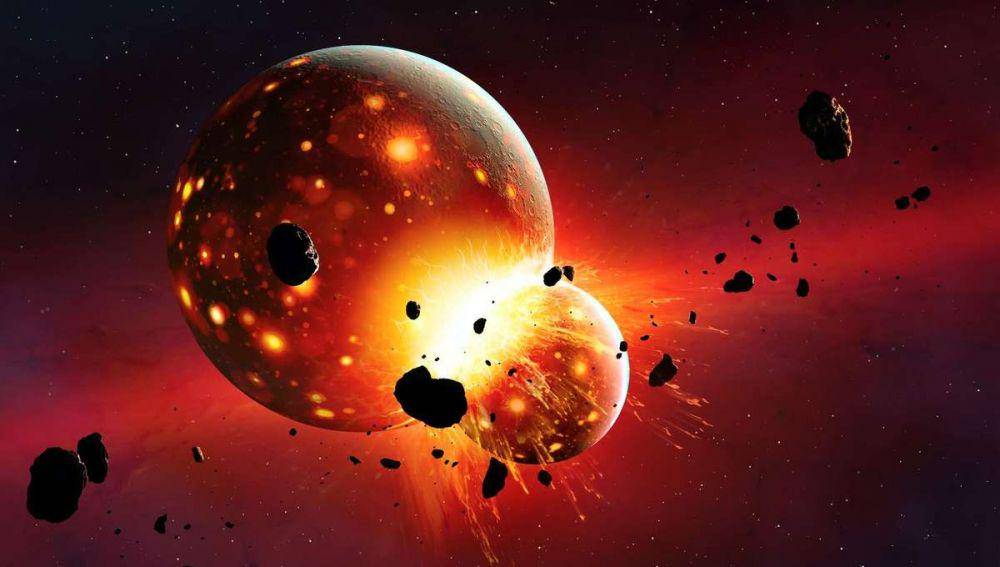 Ilustrasi tabrakan besar di masa lalu yang menyebabkan terbentuknya Bulan. (syfy.com)