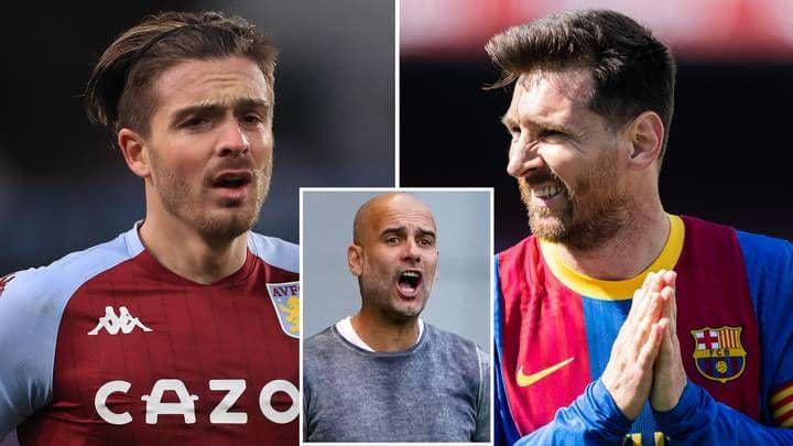 kolase potret Jack Grealish, Pep Guardiola, dan Lionel Messi (sportbible.com)