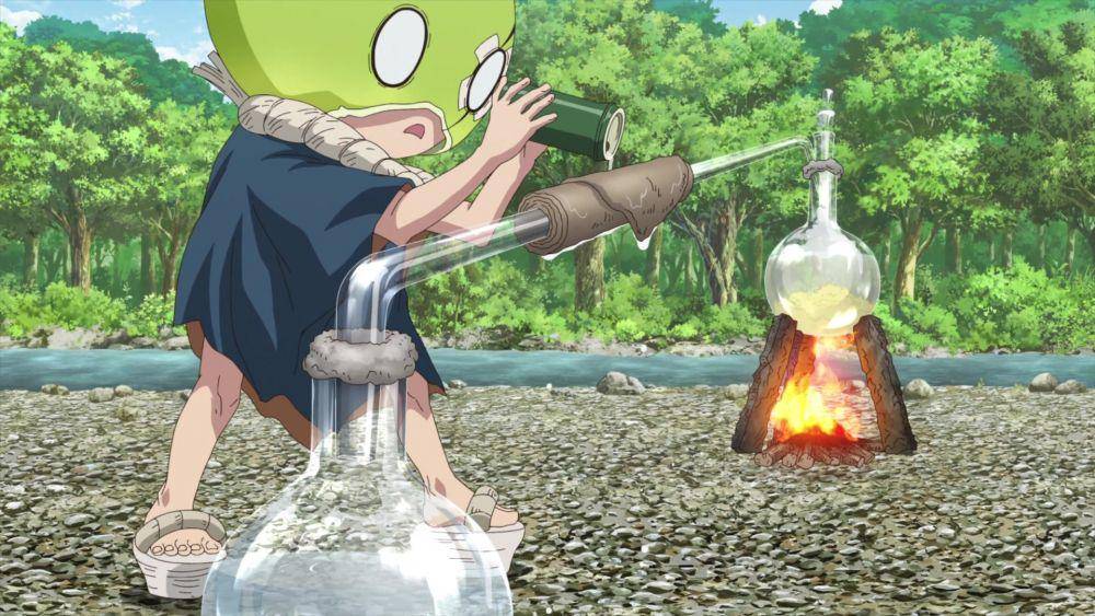 Proses pembuatan asam klorosulfonat dalam anime Dr. Stone. (dok. TMS Entertainment/Dr. Stone)