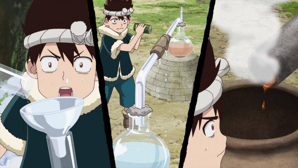 Proses pembuatan formalin dalam anime Dr. Stone. (dok. TMS Entertainment/Dr. Stone)