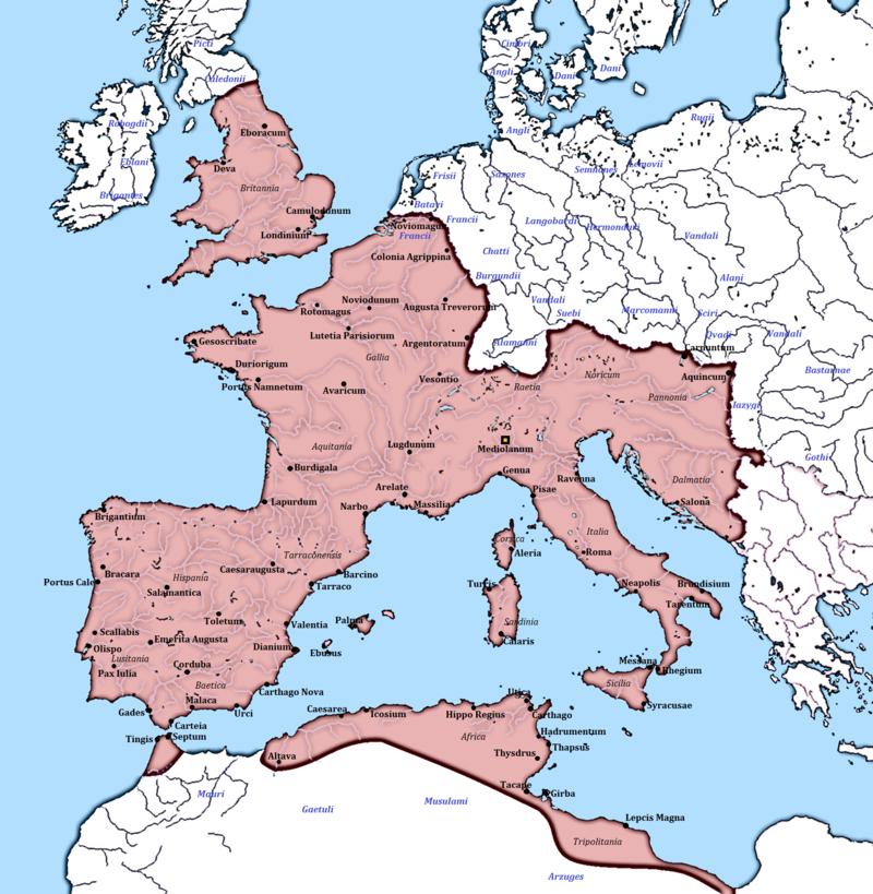 peta wilayah Kekaisaran Romawi Barat pada awal pendiriannya (commons.wikimedia.org/Ichthyovenator)