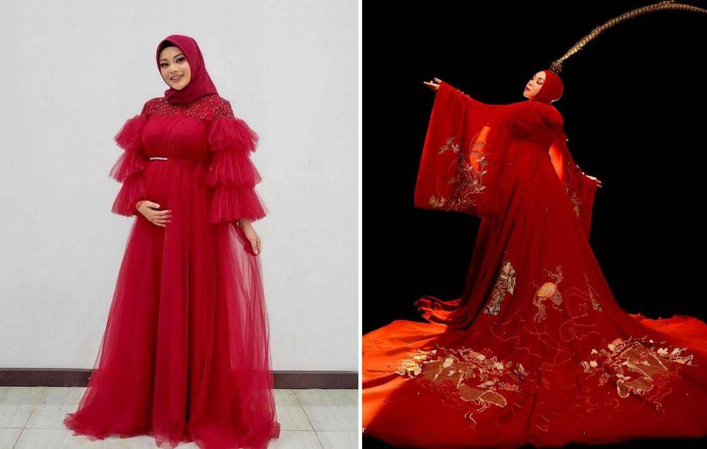 10 Potret Memukau Artis Berhijab saat Mengenakan Gaun Merah, Cetar!