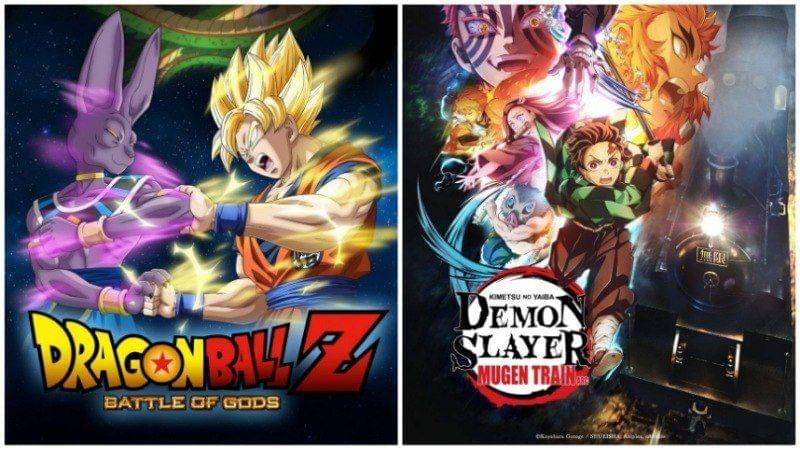 Poster Dragon Ball Z Battle of Gods dan Demon Slayer Mugen Train, berbagai sumber