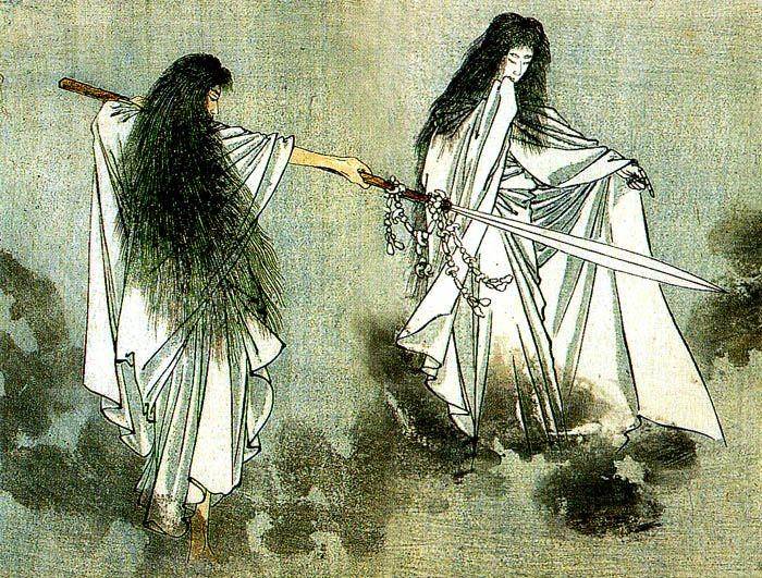 ilustrasi kuno Izanagi dan Izanami serta Ama no Nuboko (komyozan.org)