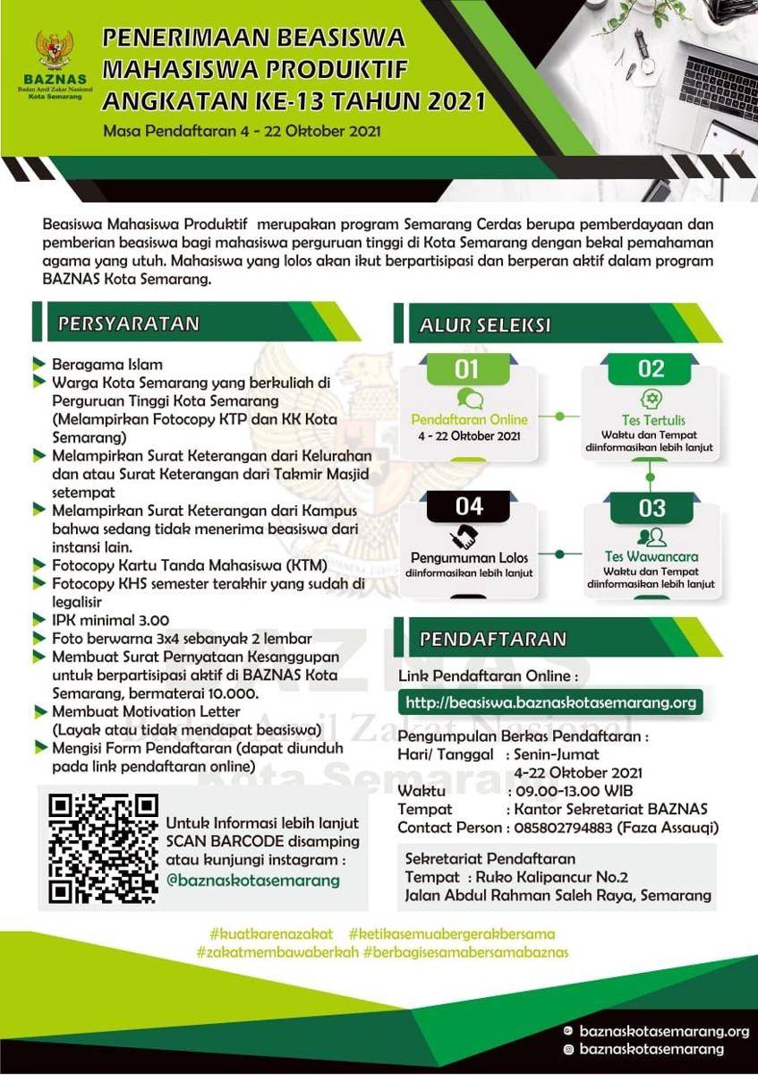 Beasiswa Mahasiswa Produktif BAZNAS Kota Semarang (beasiswa.baznaskotasemarang.org)