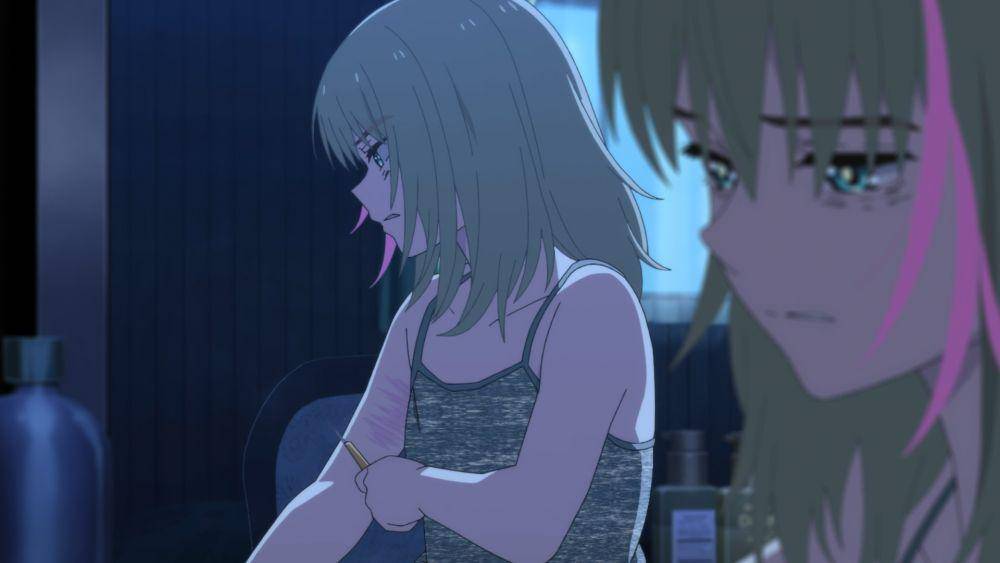 Rika menyayat lengannya karena depresi. (dok. Studio Cloverworks/Wonder Egg Priority)