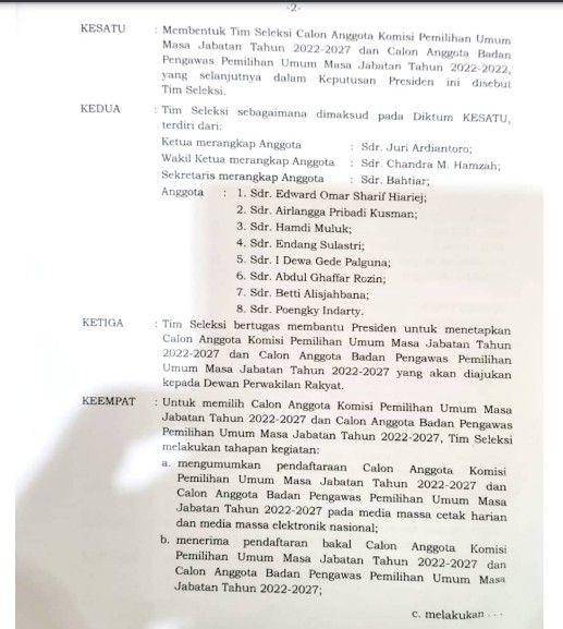Keputusan Presiden Jokowi soal tim seleksi pemilihan anggota Komisi Pemilihan Umum (KPU) dan Bawaslu (Istimewa)