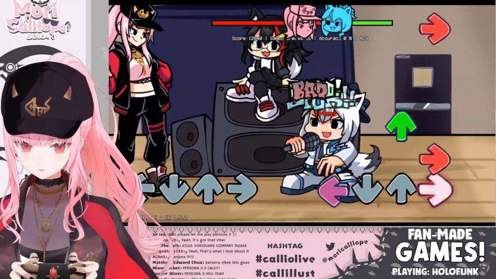 Calliope sedang bermain game fan-made dari Friday Night Funkin' (YouTube/Mori Calliope Ch. hololive-EN)
