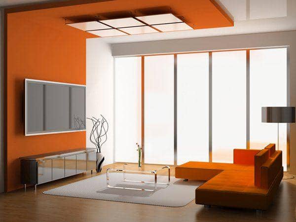 ilustrasi ruang tamu bernuansa warna oranye (homedesignlover.com)