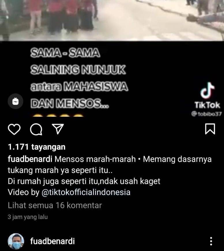 Unggahan Instagram Fuad tentang Risma. Instagram.com/fuadbernardi
