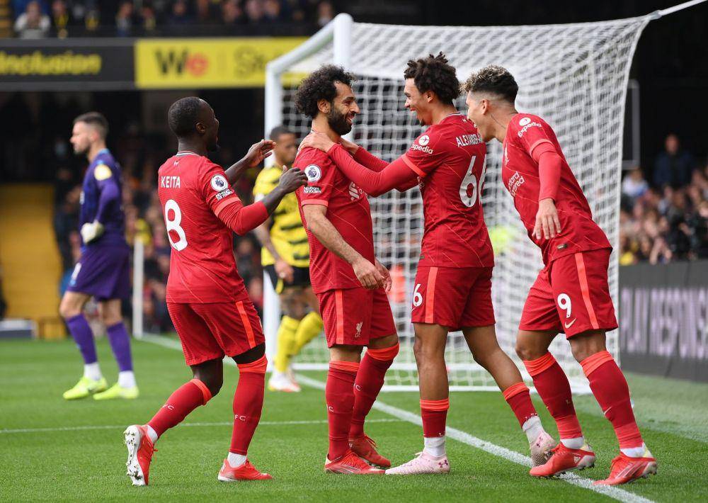 Pemain Liverpool merayakan gol Mohamed Salah. (twitter.com/LivEchoLFC)