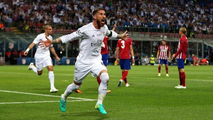 Sergio Ramos merayakan gol di final Liga Champions 2016 (90min.com)