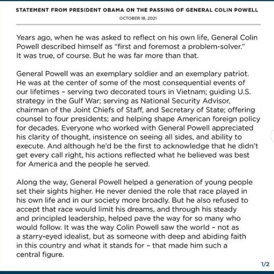 Ungkapan duka dari mantan Presiden AS Barrack Obama atas kematian Colin Powell (Instagram/barackobama)