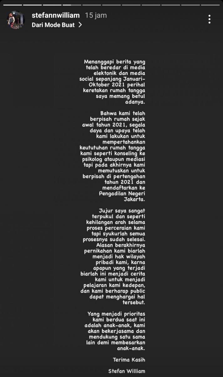tangkapan layar Instagram Story Stefan William (instagram.com/stefannwilliam)