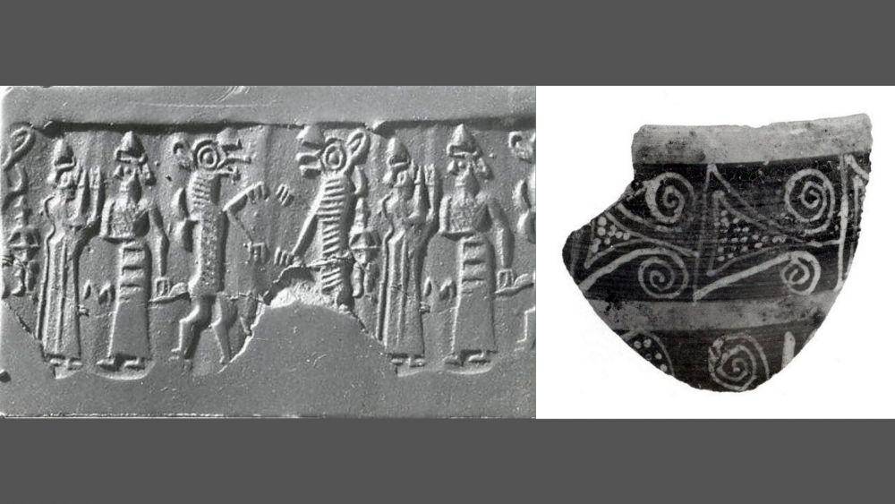 segel silinder (kiri) dan pecahan keramik Mitanni (kanan) (metmuseum.org)