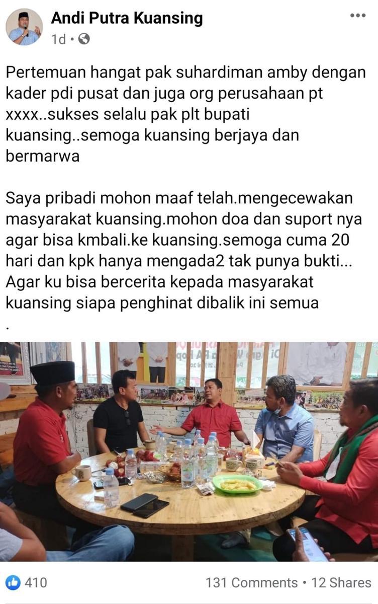 Unggahan di akun media sosial Bupati Kuantan Singingi, Andi Putra pada Sabtu, 24 Oktober 2021 (Tangkapan layar Facebook Andi Putra)