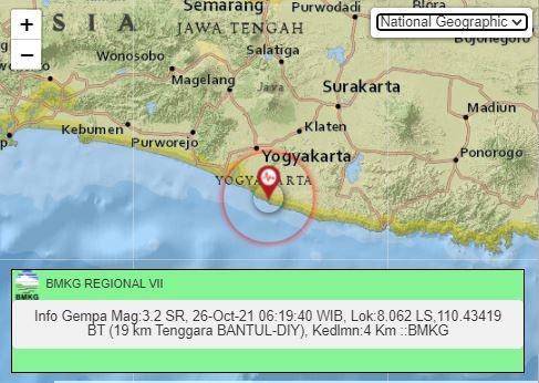 Gempabumi yang terjadi di Yogyakarta pada Selasa (26/10/2021) pagi. Dok: BMKG