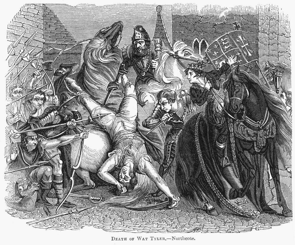 Ilustrasi kematian Wat Tyler, pemimpin pemberontakan petani tahun 1381 di Inggris. (Hulton Archive)
