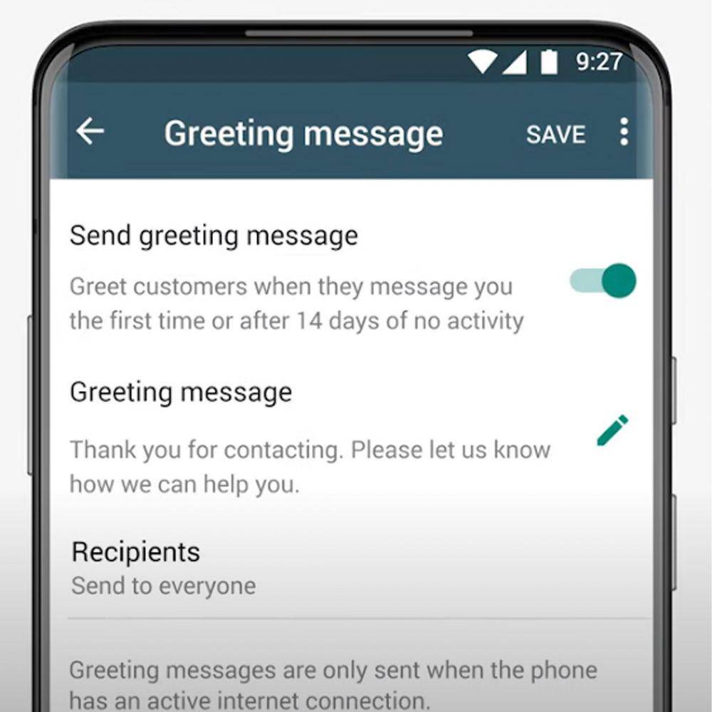 ilustrasi greeting message di WhatsApp Business (novochat.co)