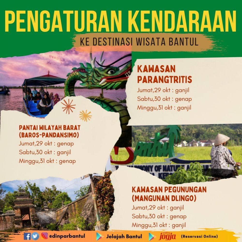 Aturan ganjil genap untuk kendaraan wisatawan pada akhir pekan ini (29–31Oktober 2021). (dok. Dinas Pariwisata Bantul)