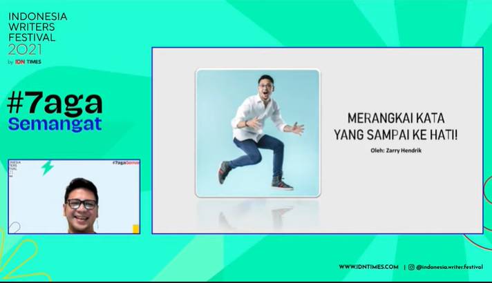 Penulis dan kreator konten, Zarry Hendrik hadir pada sesi talkshow ‘Menulis Caption yang Engaging di Media Sosial bersama Zarry Hendrik’ di acara Indonesia Writers Festival (IWF) 2021 melalui saluran YouTube IDN Times, Jumat (29/10/2021). (IDN Times/Anggun Puspitoningrum)