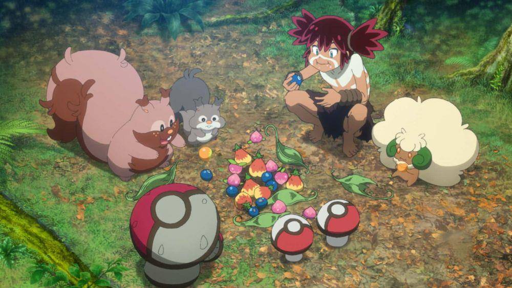 Coco berbagi makanan dengan para Pokémon di hutan. (dok. Studio OLM/Pokémon the Movie: Secrets of the Jungle)