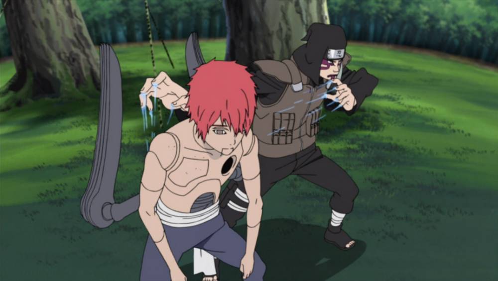 Kankuro menggunakan boneka Sasori untuk bertarung melawan Deidara dan Sasori. (dok. Crunchyroll/Naruto: Shippuden)