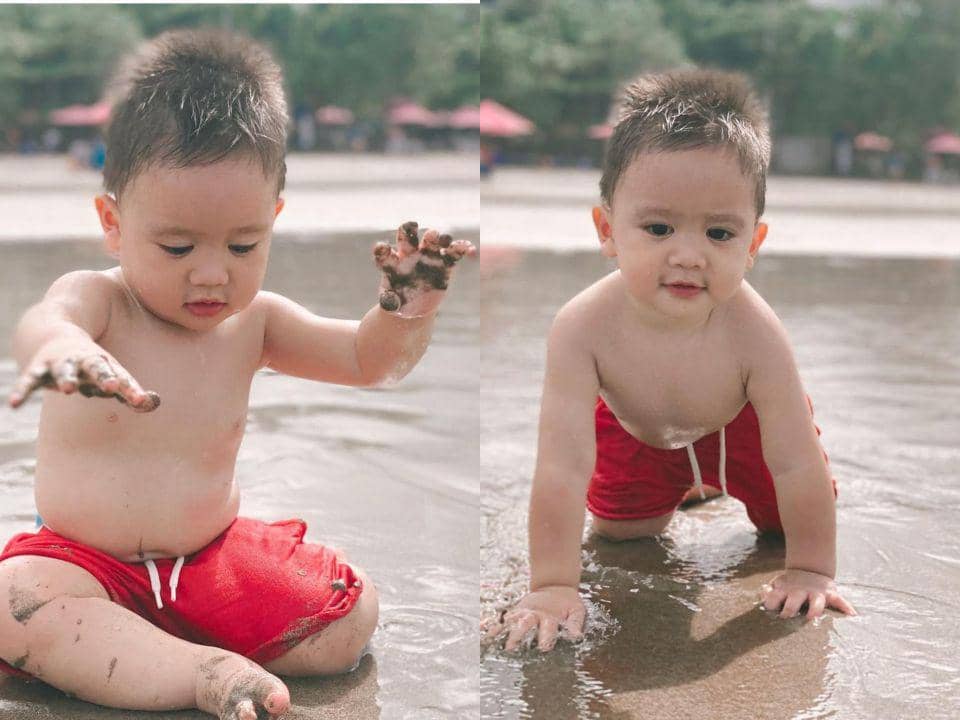 9 Potret Ceria Baby Athar saat Bermain Air, Unyu Pol!