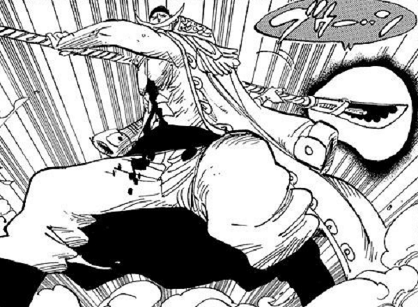 Whitebeard menggunakan Naginata Rasetsu. Dok. Shueisha