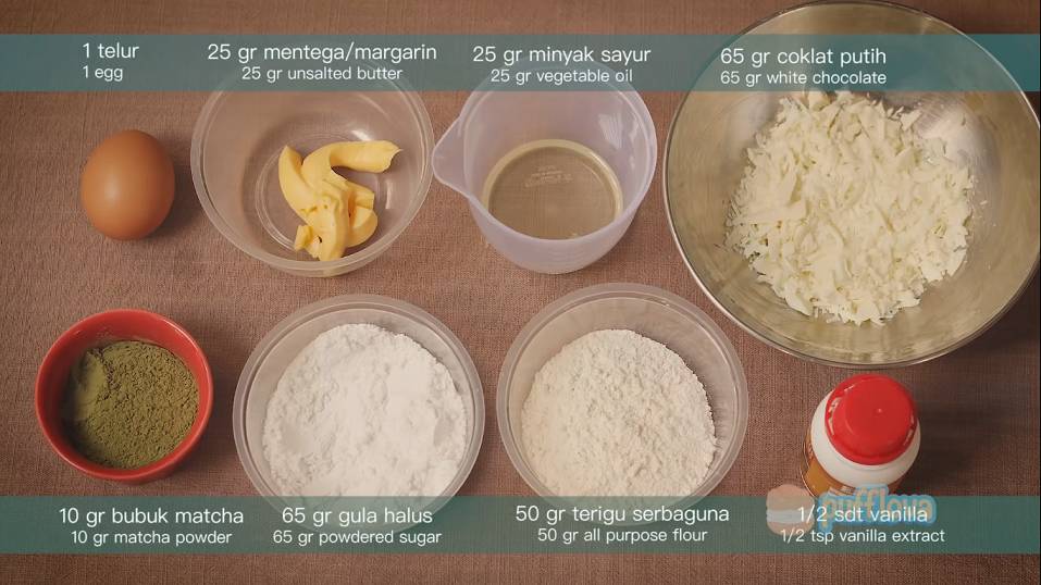 bahan-bahan brownies matcha dan biskuit (youtube.com/pufflova)
