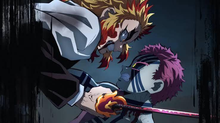 Akaza bertarung melawan Kyojuro. (dok. ufotable/Demon Slayer: Kimetsu no Yaiba)