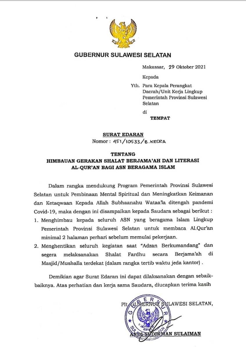 Surat edaran Gubernur Sulsel. (Dok. Istimewa)