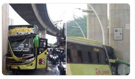 Bus tabrak beton di Ciledug (TMC Polda Metro)