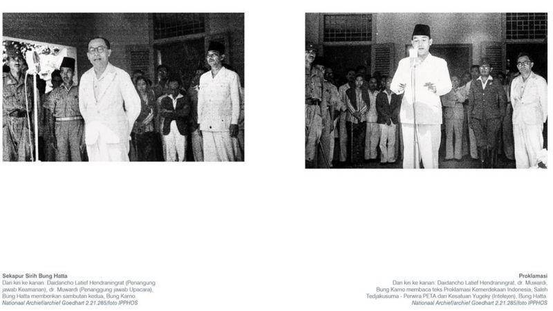 Foto pidato Mohammad Hatta dan pembacaan proklamasi oleh Sukarno yang menjadi hasil jepretan Frans Mendur dan dipajang di Pameran Fotografi karya Mendur Bersaudara dan Indonesian Press Photo Service (IPPHOS) di Galeri Foto Jurnalistik Antara pada Agustus 2015. (dok. ANTARA via bbc.com)
