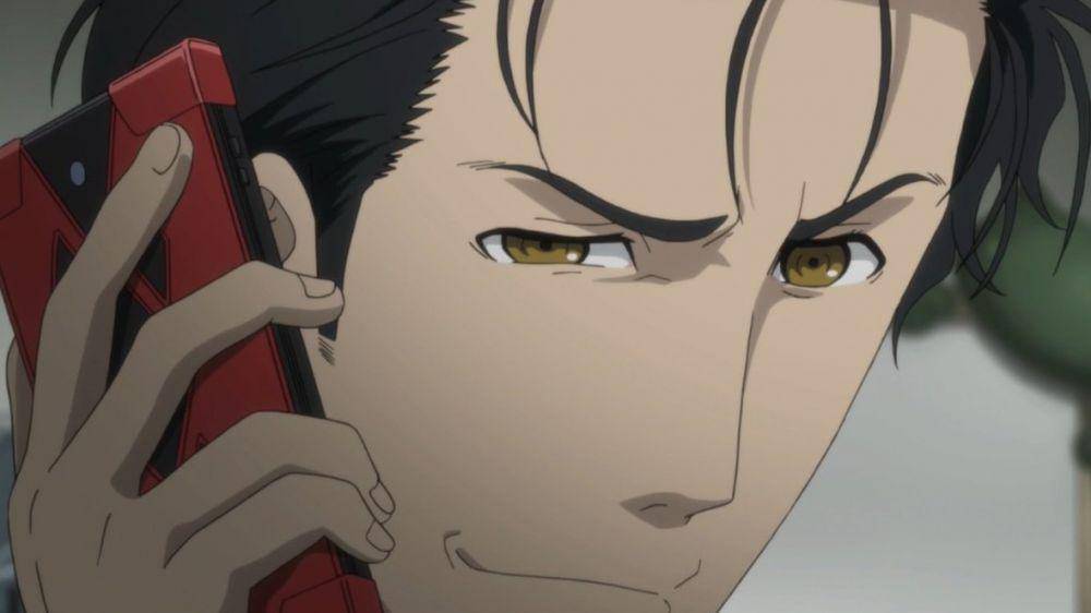 cuplikan adegan Rintarou berbicara dengan teleponnya (dok. White Fox/Steins;Gate)
