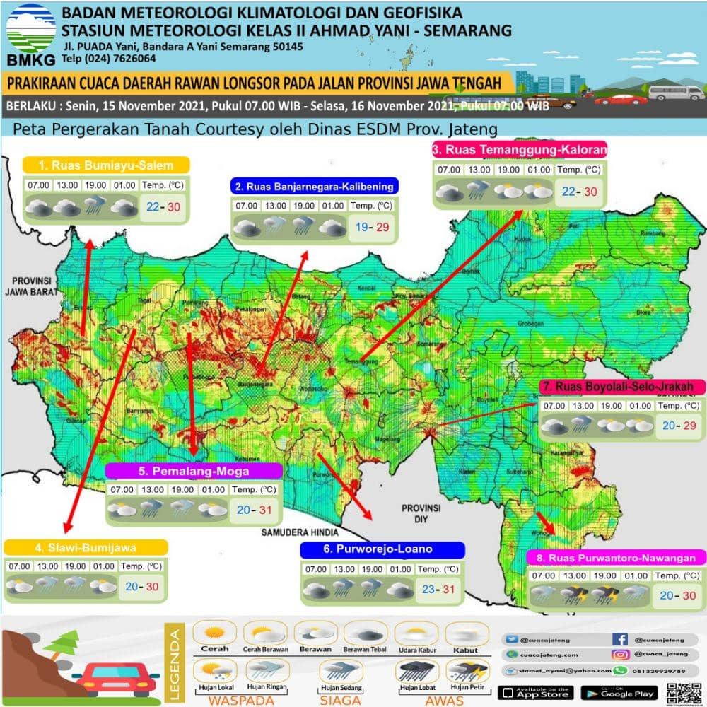 Peta pergerakan tanah dan longsor di wilayah Jawa Tengah. (Dok Stasiun Meteorologi Ahmad Yani Semarang)