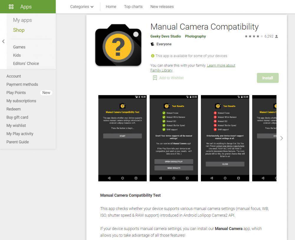 Tangkapan layar situs Google PlayStore Manual Camera (play.google.com/Manual Camera Compatibility)