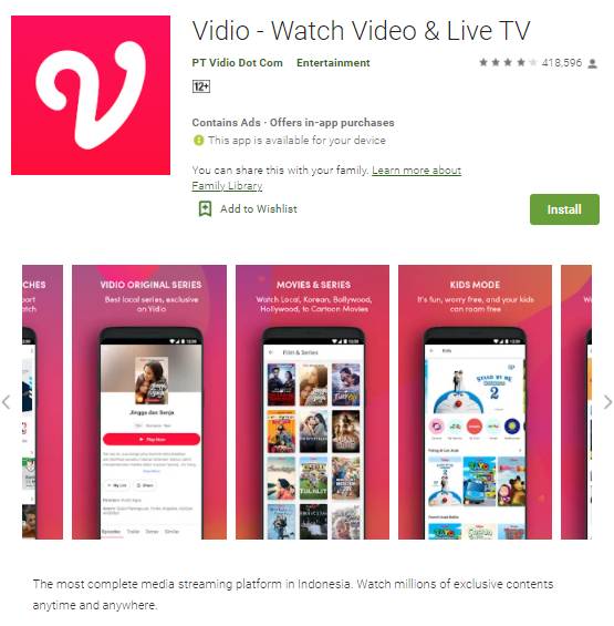 ilustrasi tampilan aplikasi Vidio di Play Store (google.play.com/Vidio)