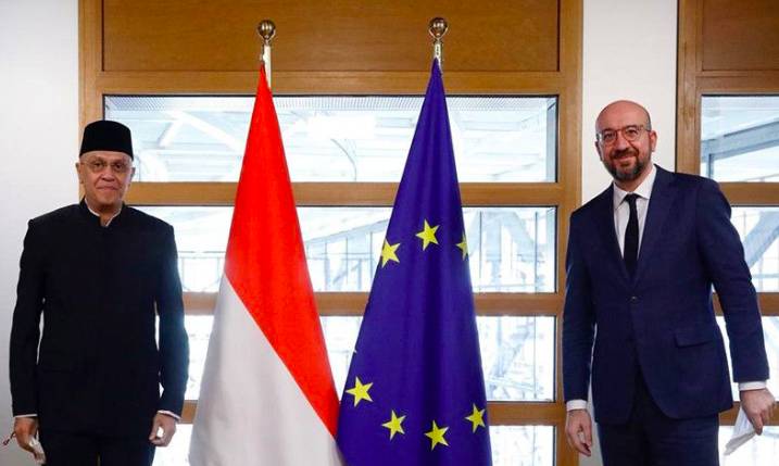 Arsip Foto - Duta Besar RI untuk Uni Eropa Andri Hadi (kiri) bertemu Presiden Dewan Eropa Charles Michel ketika penyerahan surat kepercayaan pada Februari 2021. ANTARA/HO-Dewan Eropa/am.