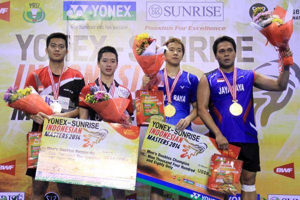 Marcus Gideon/Markis Kido dan Selvanus Geh/Kevin Sanjaya di Indonesia Masters 2014 (dok. pbdjarum.org)