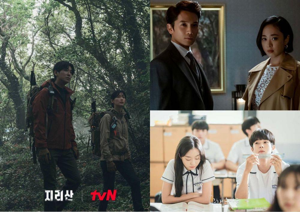Joo Ji Hoon dan Jun Ji Hyun di KDrama Jirisan | Ji Sung dan Kim Min Jung di KDrama The Devil Judge (twitter.com/CJnDrama) | Kim Da Mi dan Choi Woo Sik di KDrama Our Beloved Summer (instagram.com/sbsdrama.official)