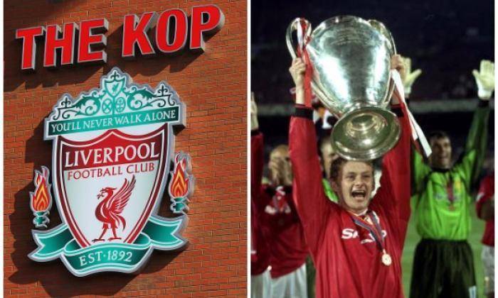 potret logo Liverpool di dinding dan Ole Gunnar Solskjær saat mengangkat trofi Liga Champions (talksport.com)