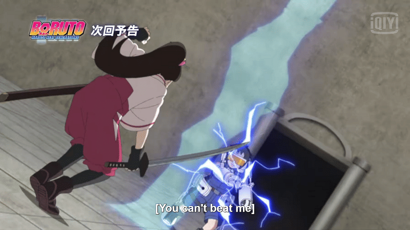 Tsubaki lawan Denki di preview Boruto episode 226, screenshot dari iQiyi. (iq.com)