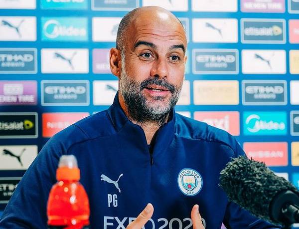 Pelatih Manchester City, Pep Guardiola, saat mengikuti konferensi pers menjelang pertandingan. (instagram.com/mancity)