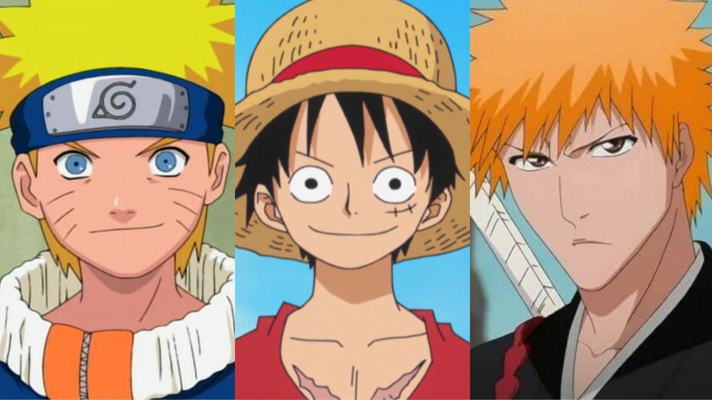 Naruto Uzumaki, Monkey D. Luffy, dan Ichigo Kurosaki (dok. Pierrot/Naruto, Toei Animation/One Piece, dan Pierrot/Bleach)