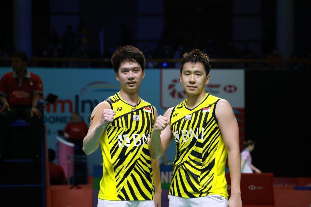 Ganda putra Indonesia, Kevin Sanjaya Sukamuljo/Marcus Fernaldi Gideon di Indonesia Open 2021. (dok. Humas PP PBSI Indonesia)