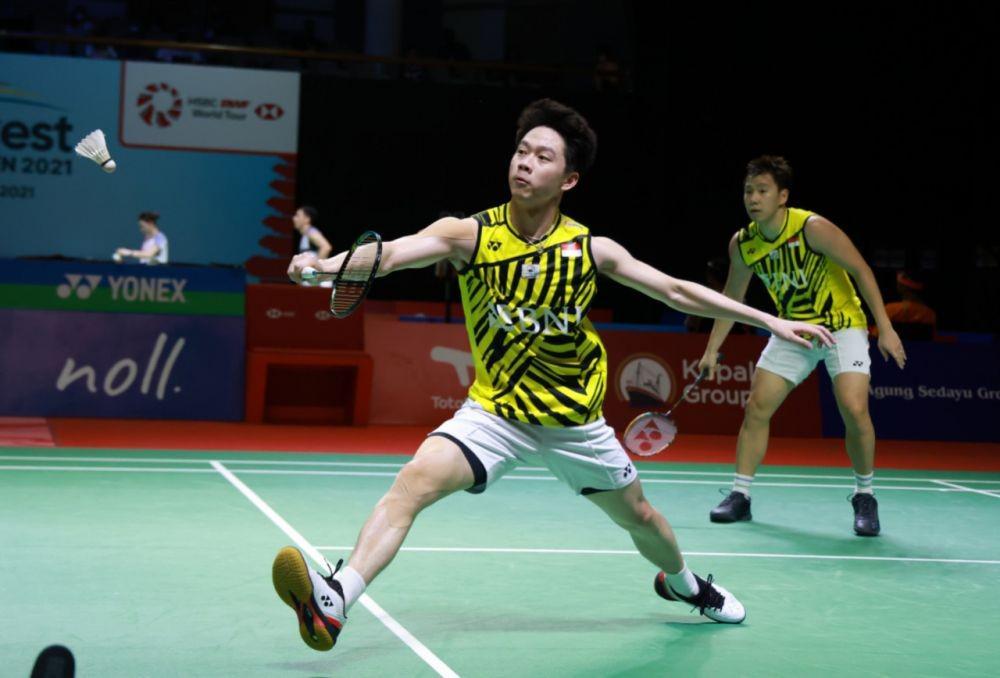 Ganda putra Indonesia, Kevin Sanjaya Sukamuljo/Marcus Fernaldi Gideon di Indonesia Open 2021. (dok. Humas PP PBSI Indonesia)